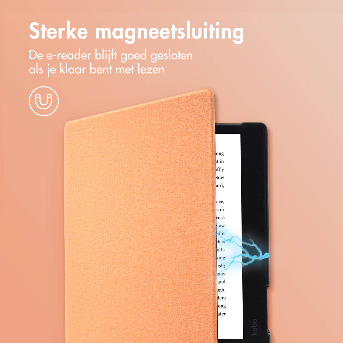 An orange e-reader with a magnetic cover that keeps it closed.