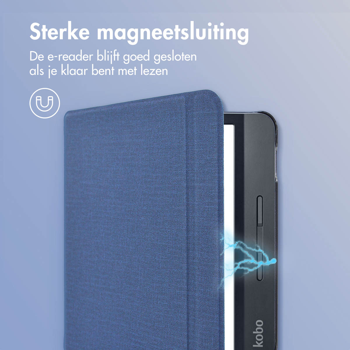 Un étui de liseuse bleu avec fermeture magnétique. La liseuse est partiellement visible, avec un écran blanc. Texte en néerlandais. Logo Kobo.