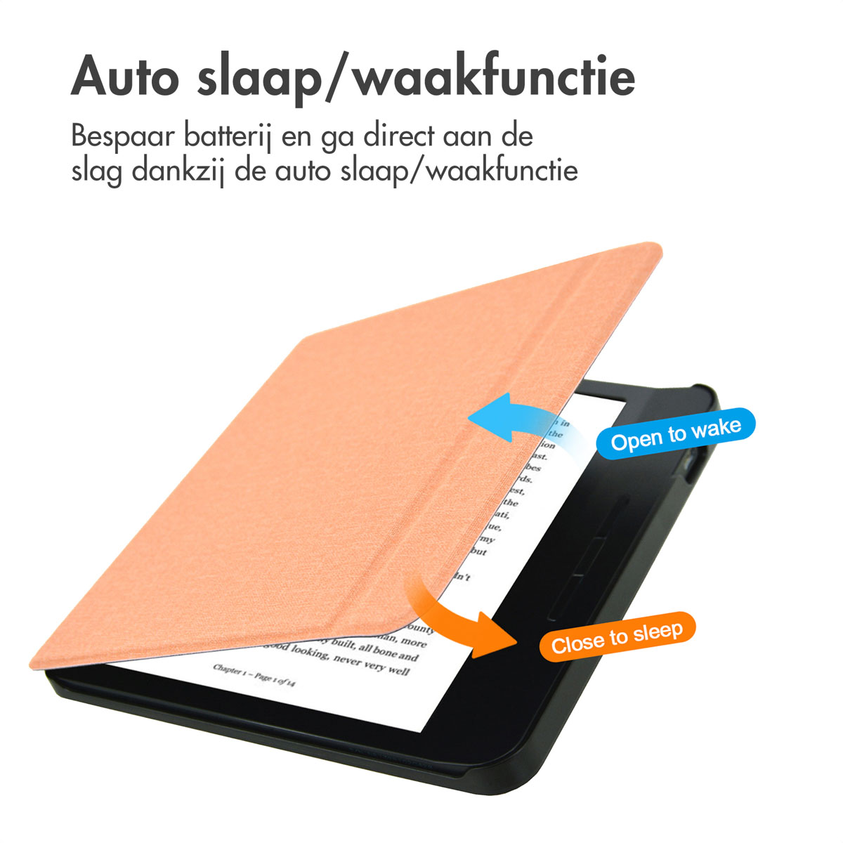 Een e-reader met een oranje hoes die opent en sluit om hem wakker te maken of in slaap te doen.