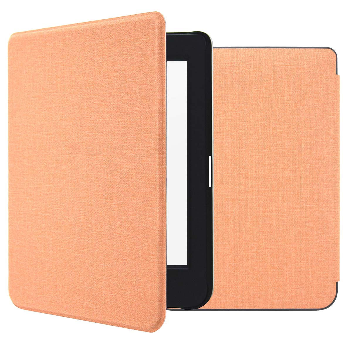 Un étui de livre orange pour un lecteur électronique, avec le lecteur partiellement visible à l'intérieur.
