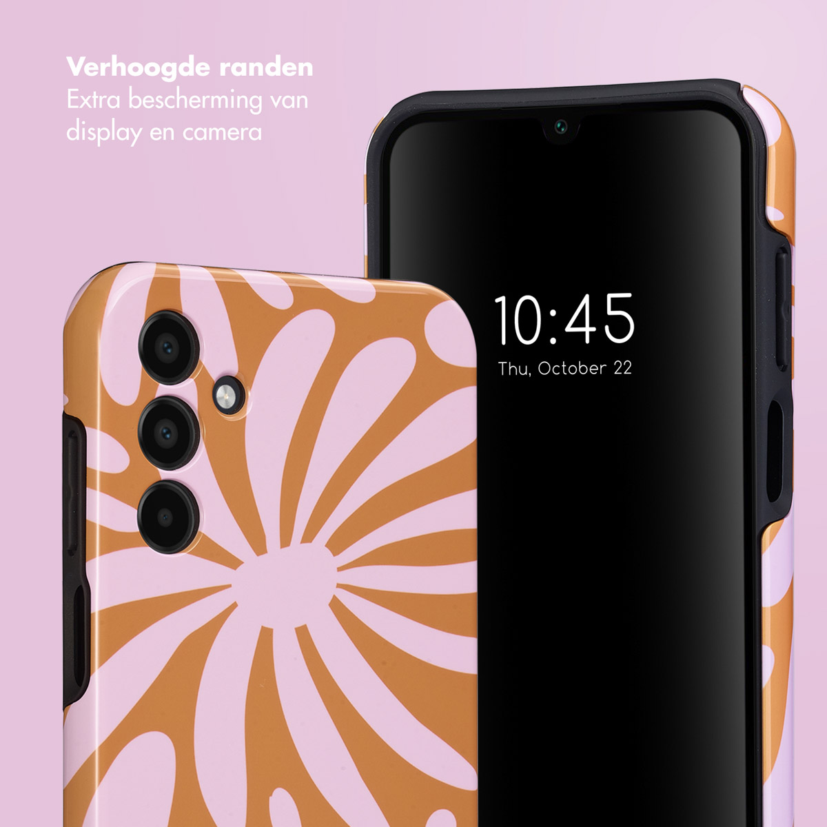 Een telefoon met een kleurrijke bloemenpatroon hoes en een zwart scherm.