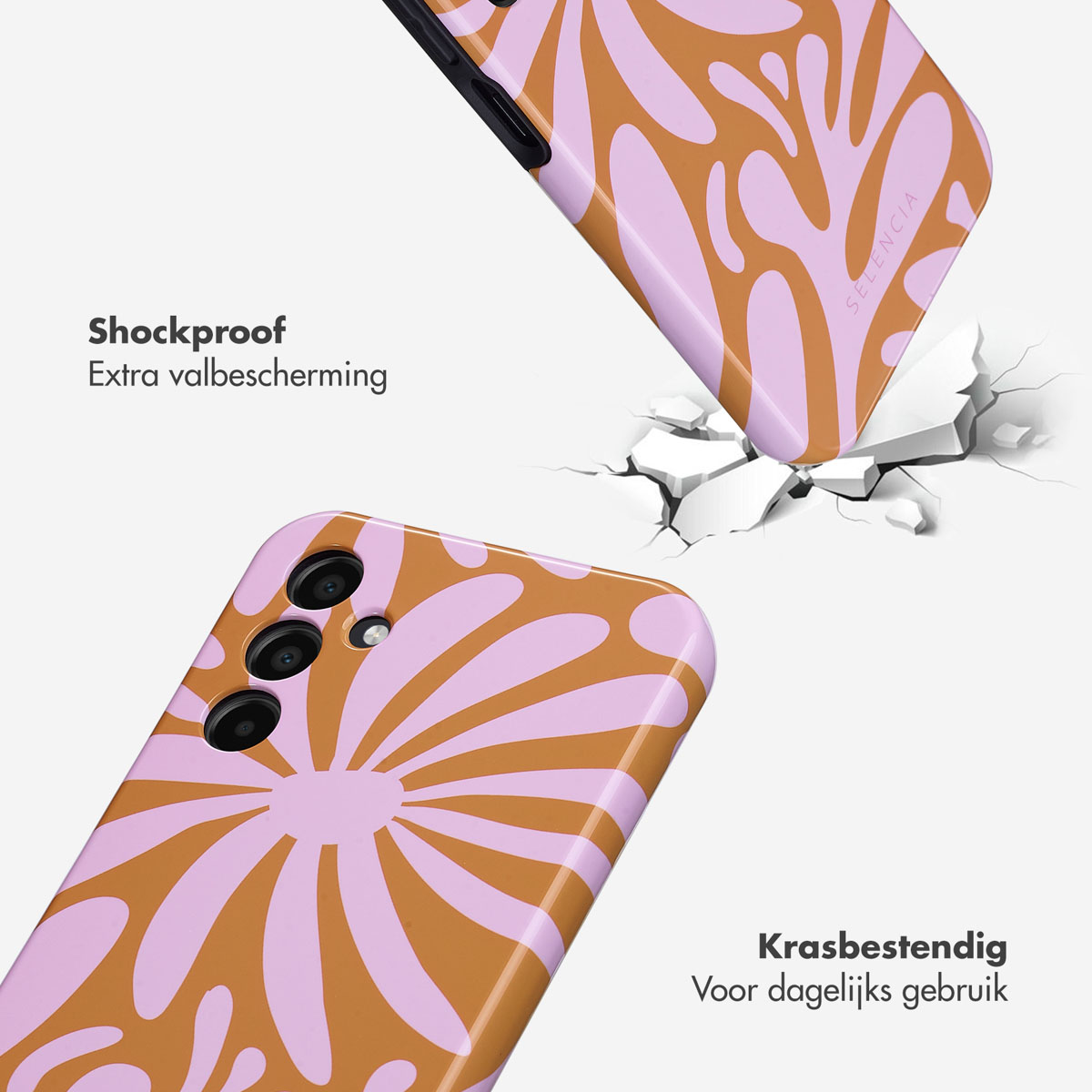 Twee telefoonhoesjes met bruin-paars patroon op gebarsten ondergrond.