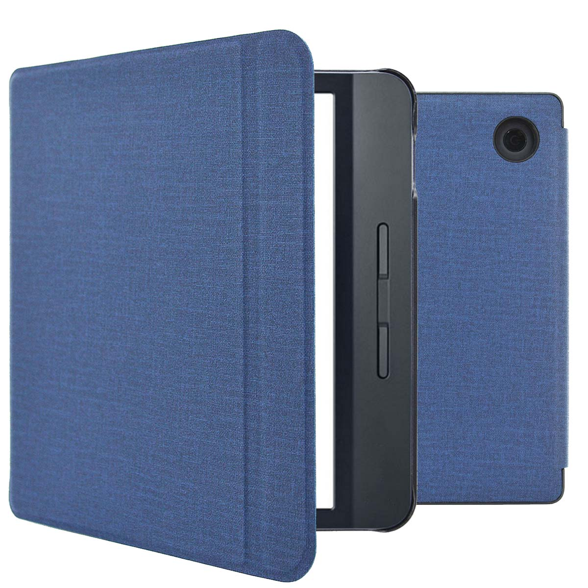 Blauwe tablethoes, met de tablet gedeeltelijk zichtbaar, de hoes en achterkant tonend.