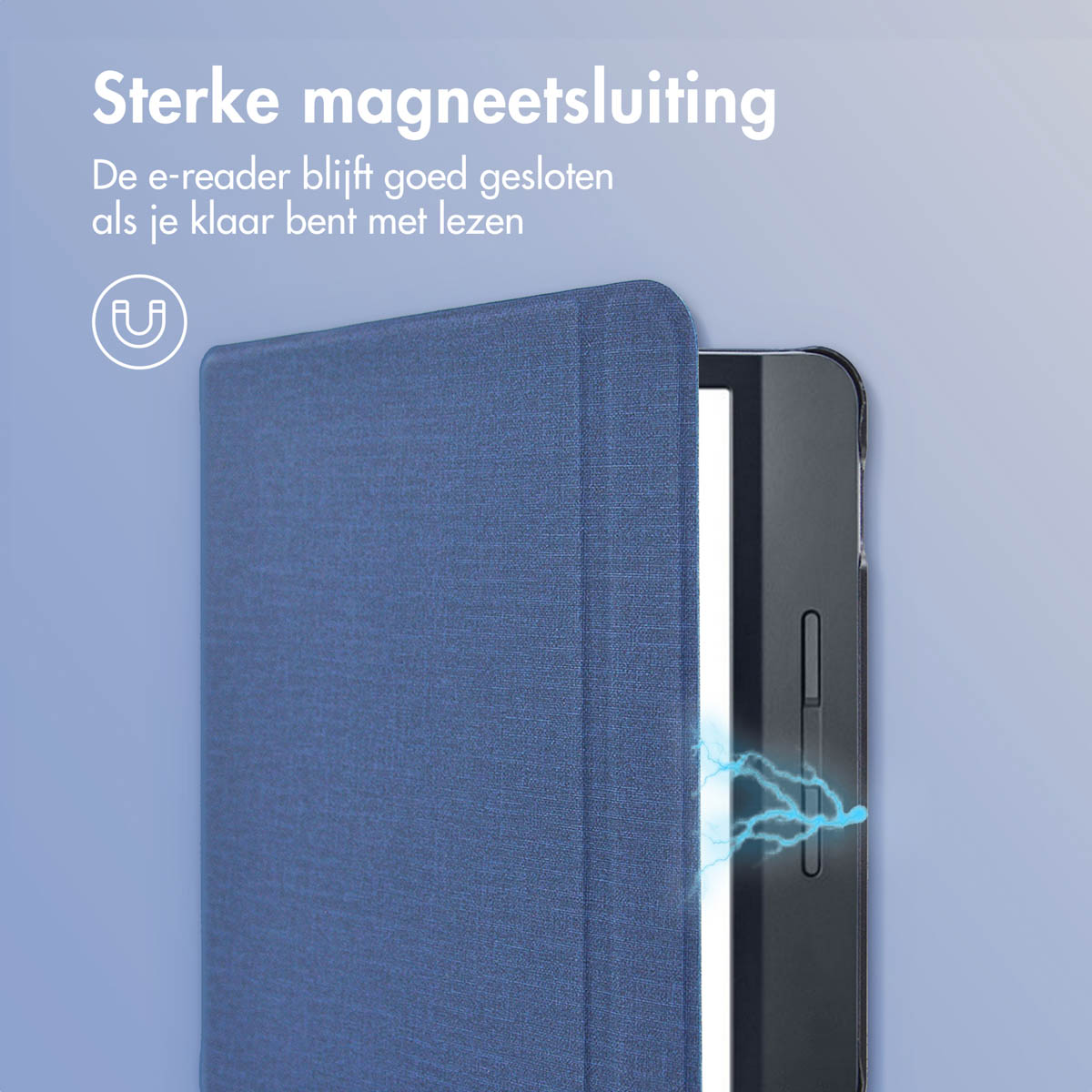 Een e-reader in een blauwe hoes met magneetsluiting, die het scherm toont.