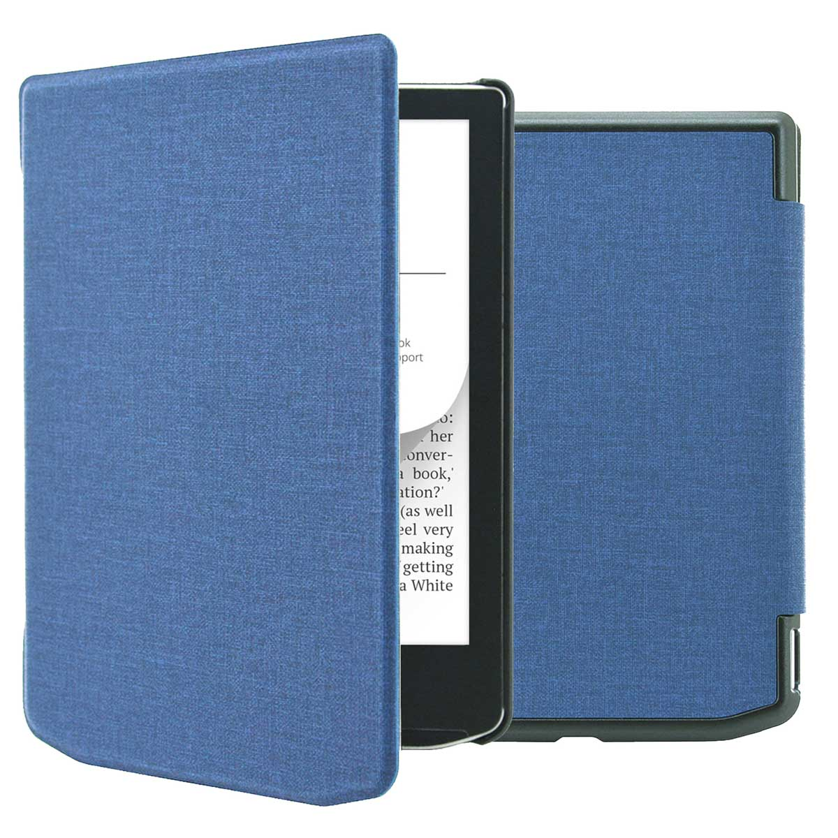 Blauwe ebook-hoes opengeklapt om de ebook-lezer te tonen.
