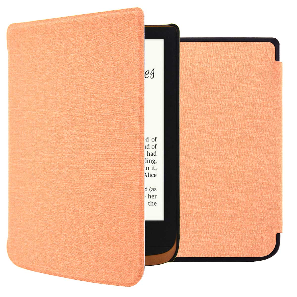 Een e-reader in een oranje hoes, met tekst op het scherm, met één kant open.