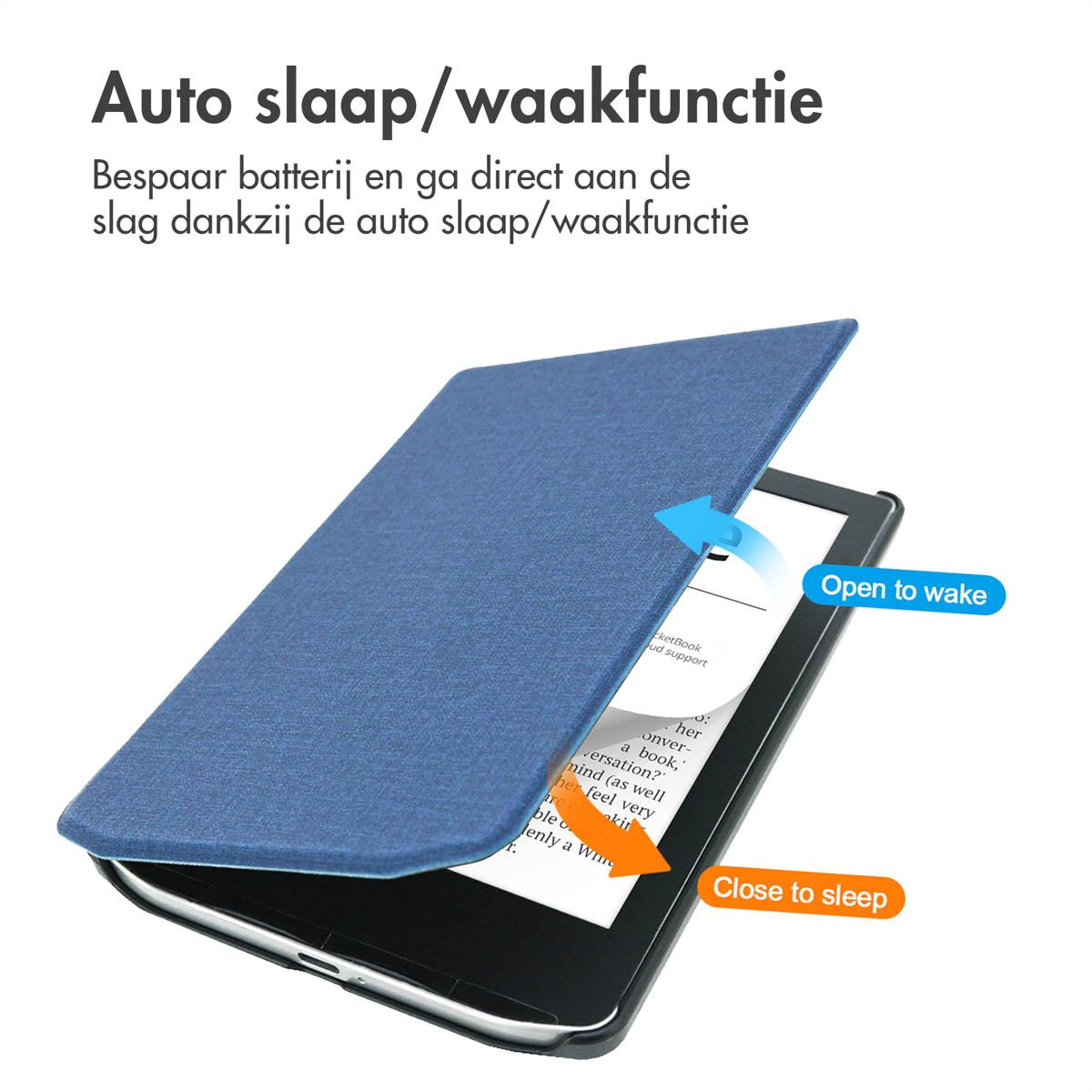 Een blauwe e-reader hoes wordt geopend om het apparaat te wekken.