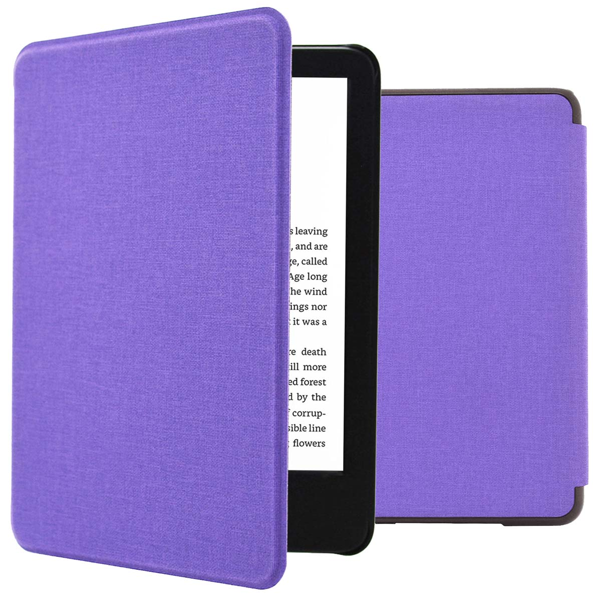 Een paarse e-reader hoes, open om het apparaat te onthullen. Het heeft een display met tekst.