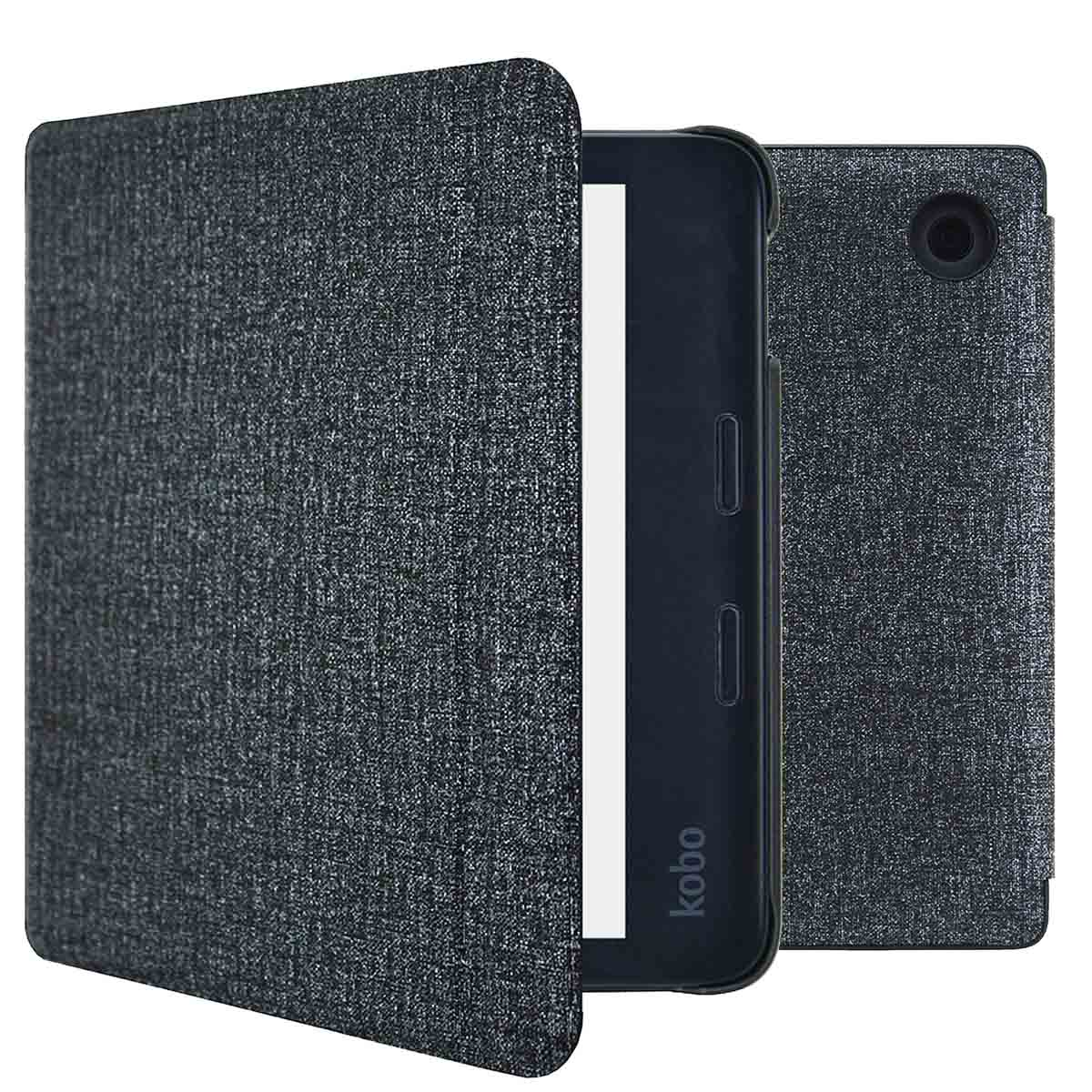 An e-reader in a gray cover, three-quarters view. The back cover is visible, with a camera hole.