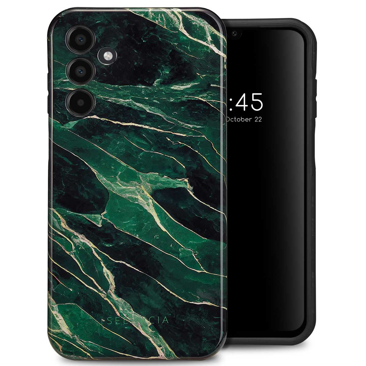 Groene marmeren telefoonhoes op een zwarte telefoon. Tijd: 4:45. Achtergrond: zwart.