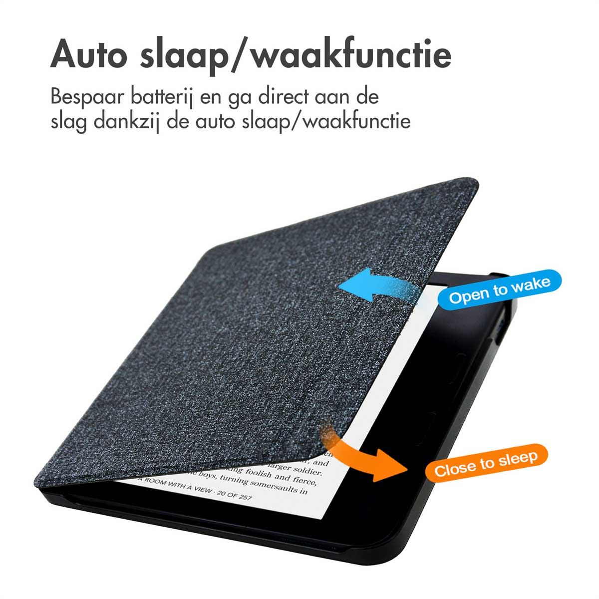 An e-reader with its cover open. Blue arrow indicates 'Open to wake,' orange 'Close to sleep'.