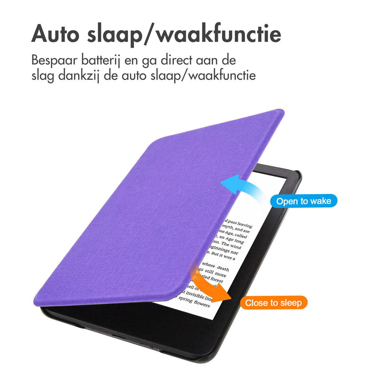 Paarse tablethoes met tekst die "Open om te wekken" en "Sluit om te slapen" functies aangeeft.