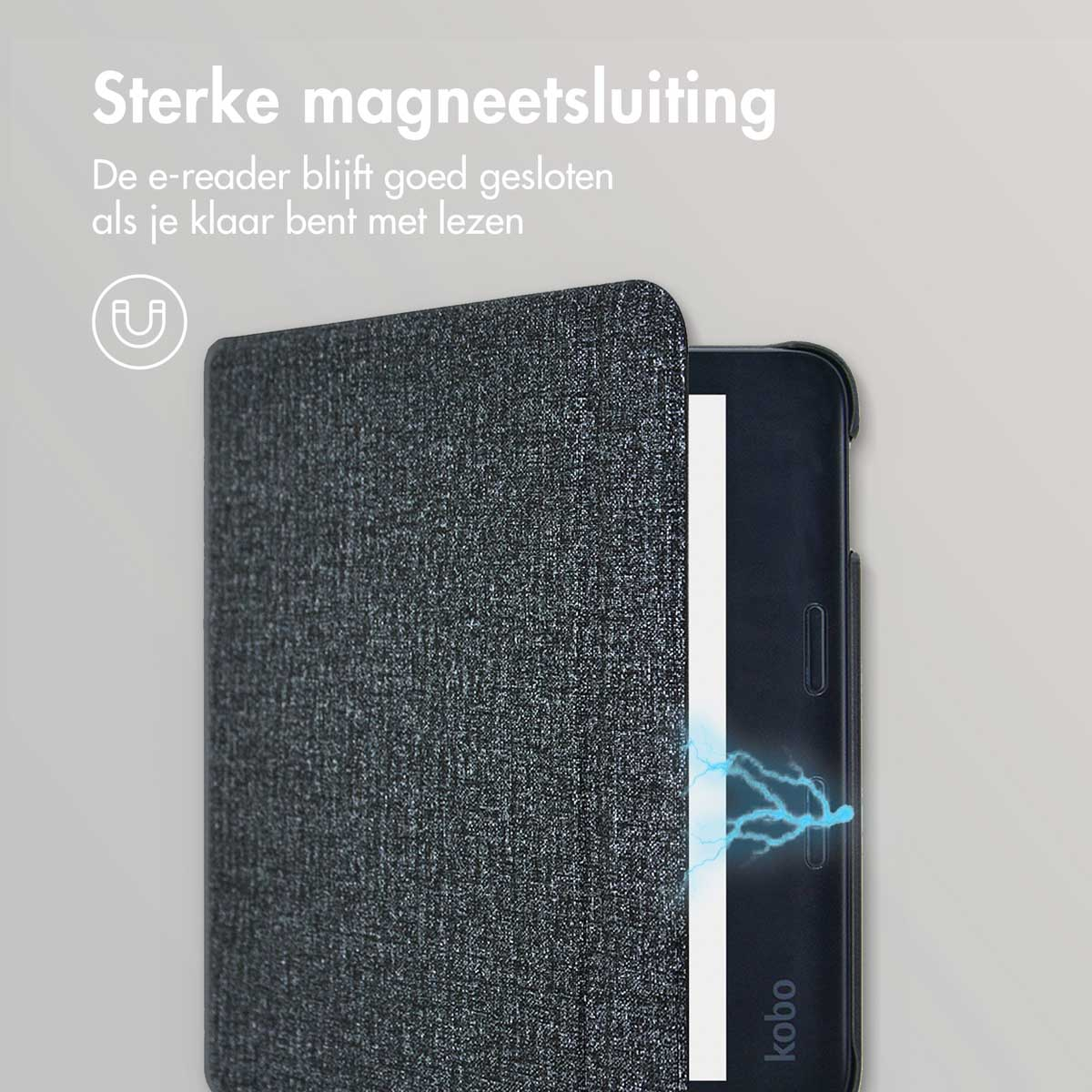 An e-reader with a gray cover, partially open. Text at the top says 'Strong magnetic closure'.