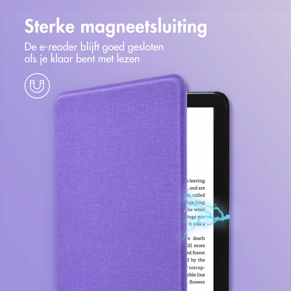 Een paarse e-reader hoes met magneetsluiting en een gloeiend icoon.