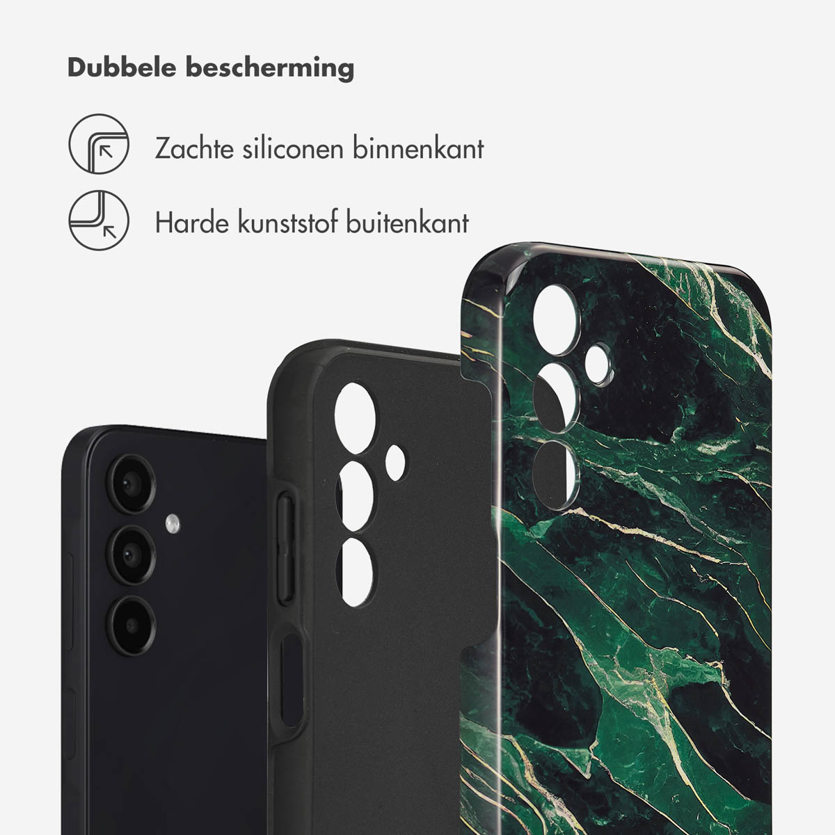 Telefoonhoesje, met lagen: zwarte telefoon, zwart siliconen en groen marmerpatroon hard plastic.