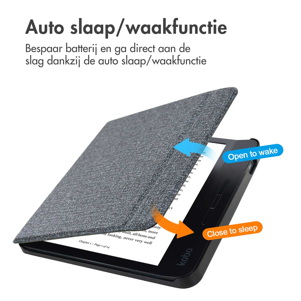 Een e-reader met open hoes. Blauwe pijl: 'Openen om te wekken', oranje: 'Sluiten om te slapen'.
