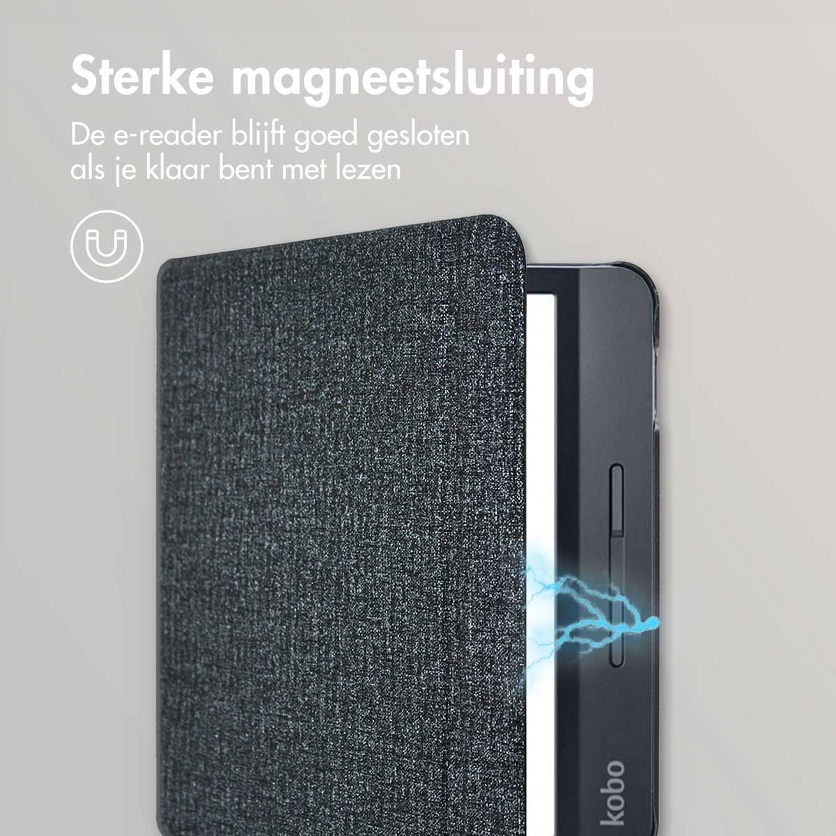 Een e-reader met grijze hoes, gedeeltelijk open. Boven: 'Sterke magneetsluiting'.