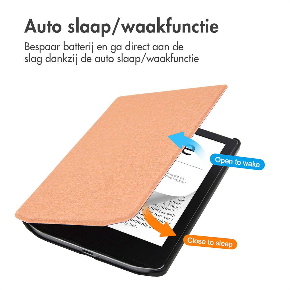 Tablet met oranje hoes open. Tekst: Automatische slaap/waakfunctie. Achtergrond: wit.