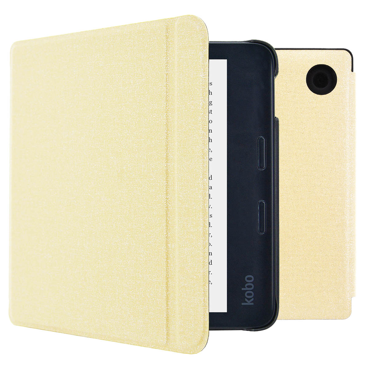 E-reader in een lichtgele hoes, open, het scherm tonend.