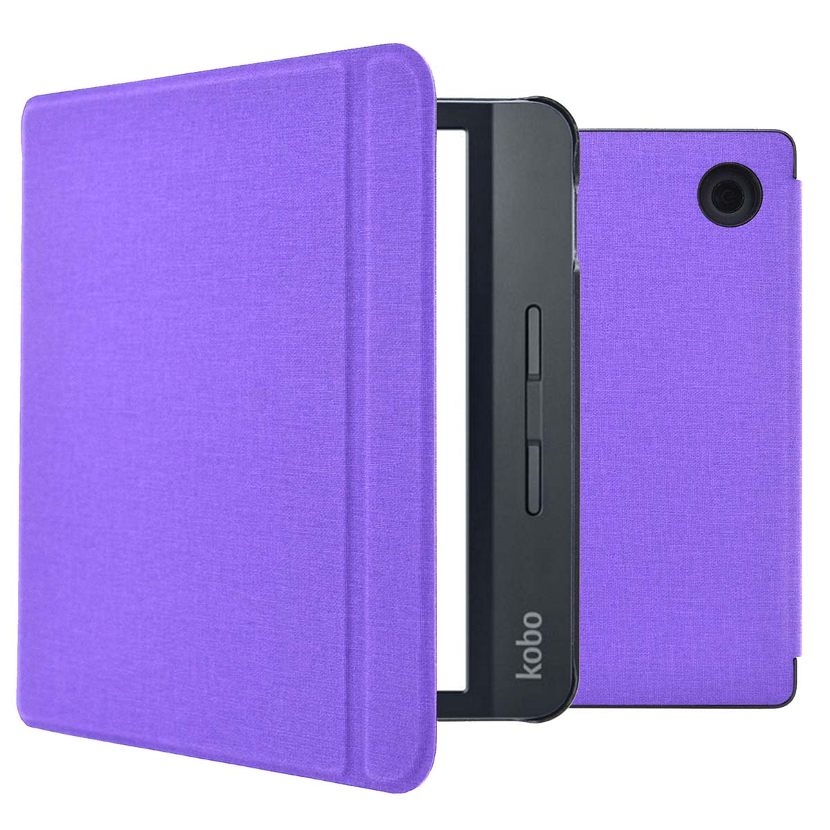 Paarse e-reader hoes, open. De e-reader is zwart, met camera aan de achterkant.