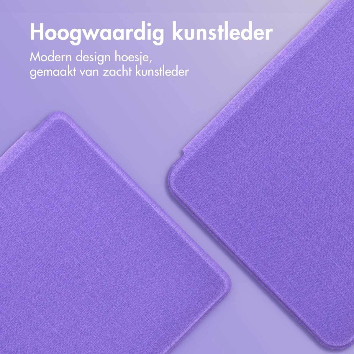 Twee paarse tablethoezen. Tekst bovenaan zegt 'Hoogwaardig kunstleer'.