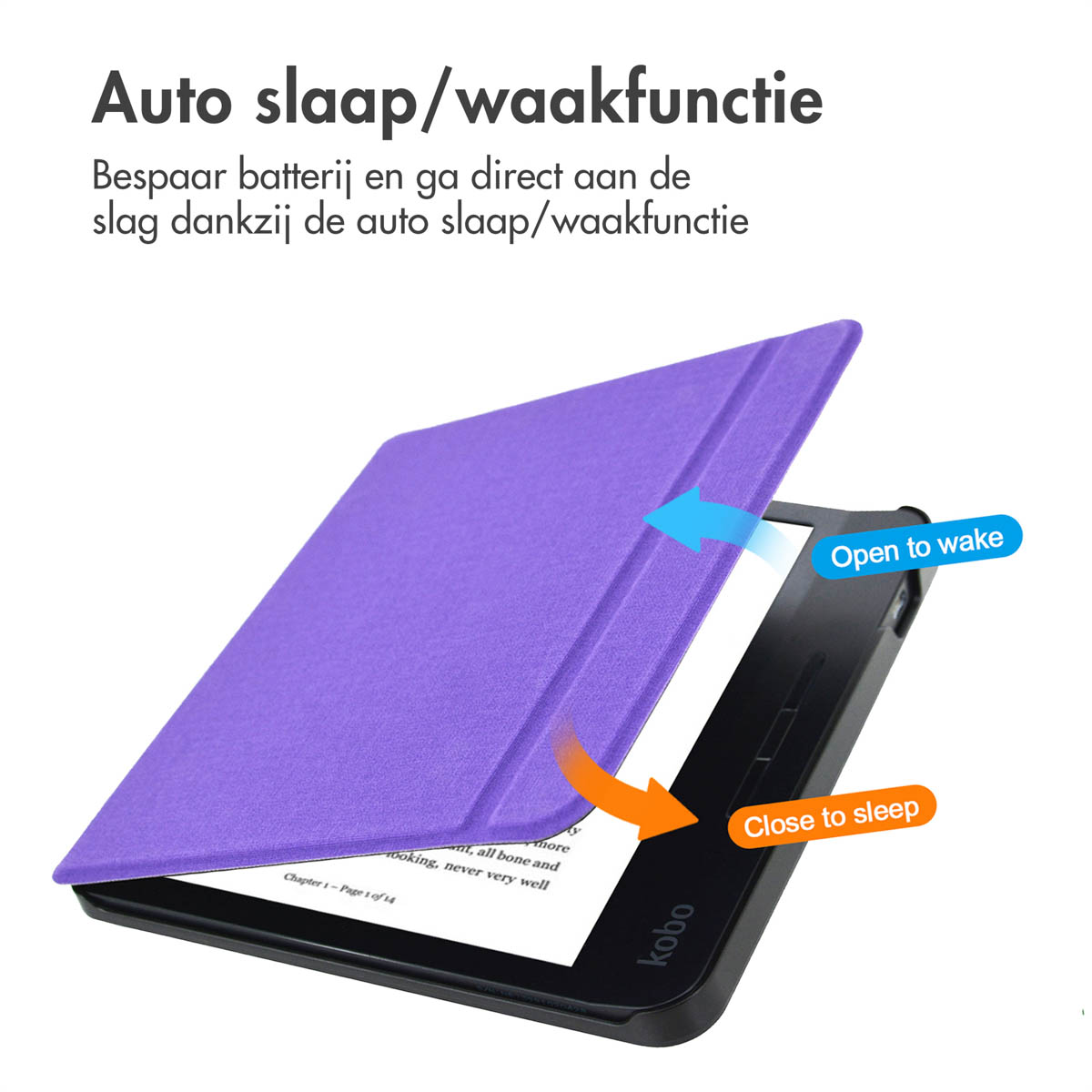 Een e-reader met paarse open cover, die het scherm met tekst en pijlen toont.