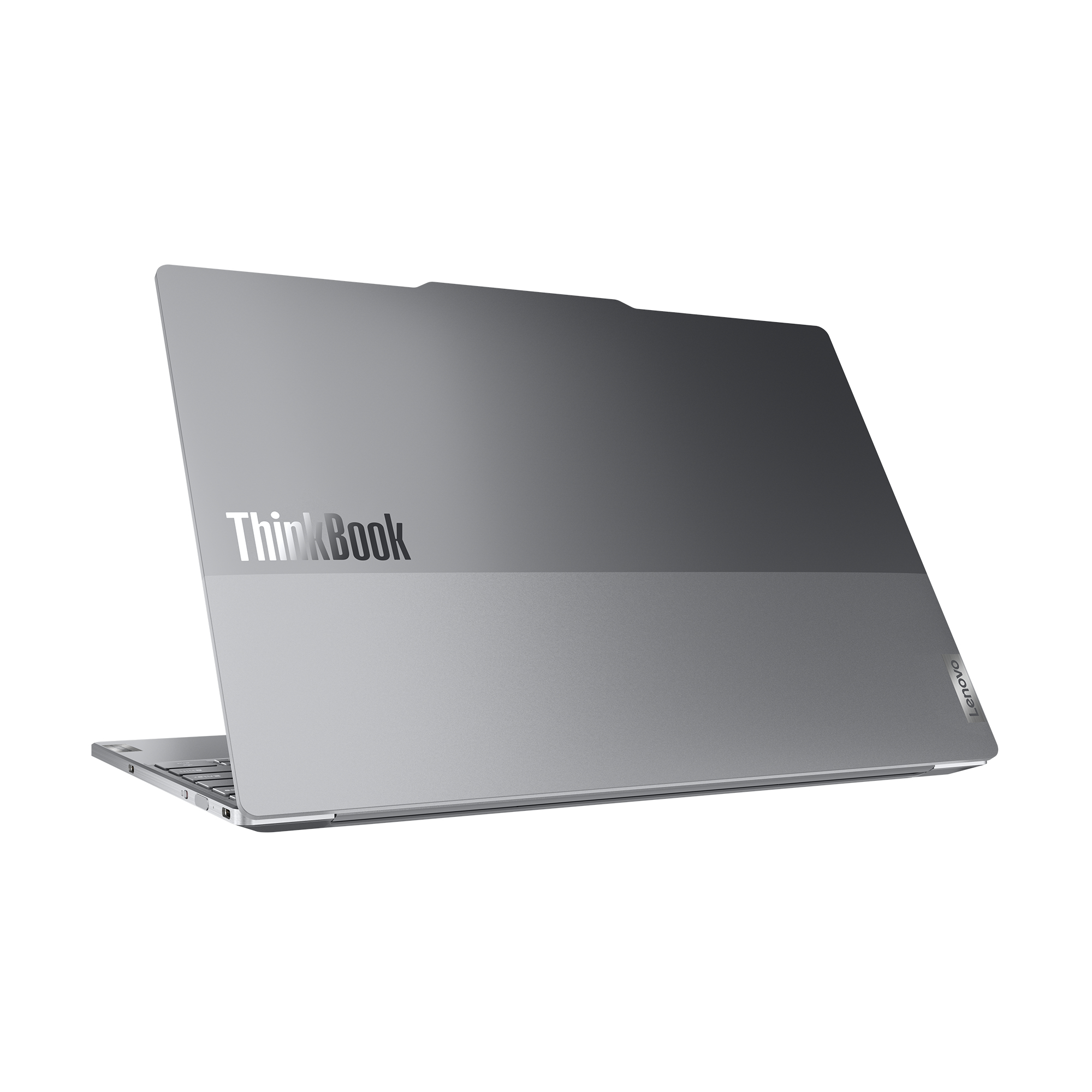 Rückseite eines grauen ThinkBook-Laptops. Das Lenovo-Logo befindet sich unten rechts.