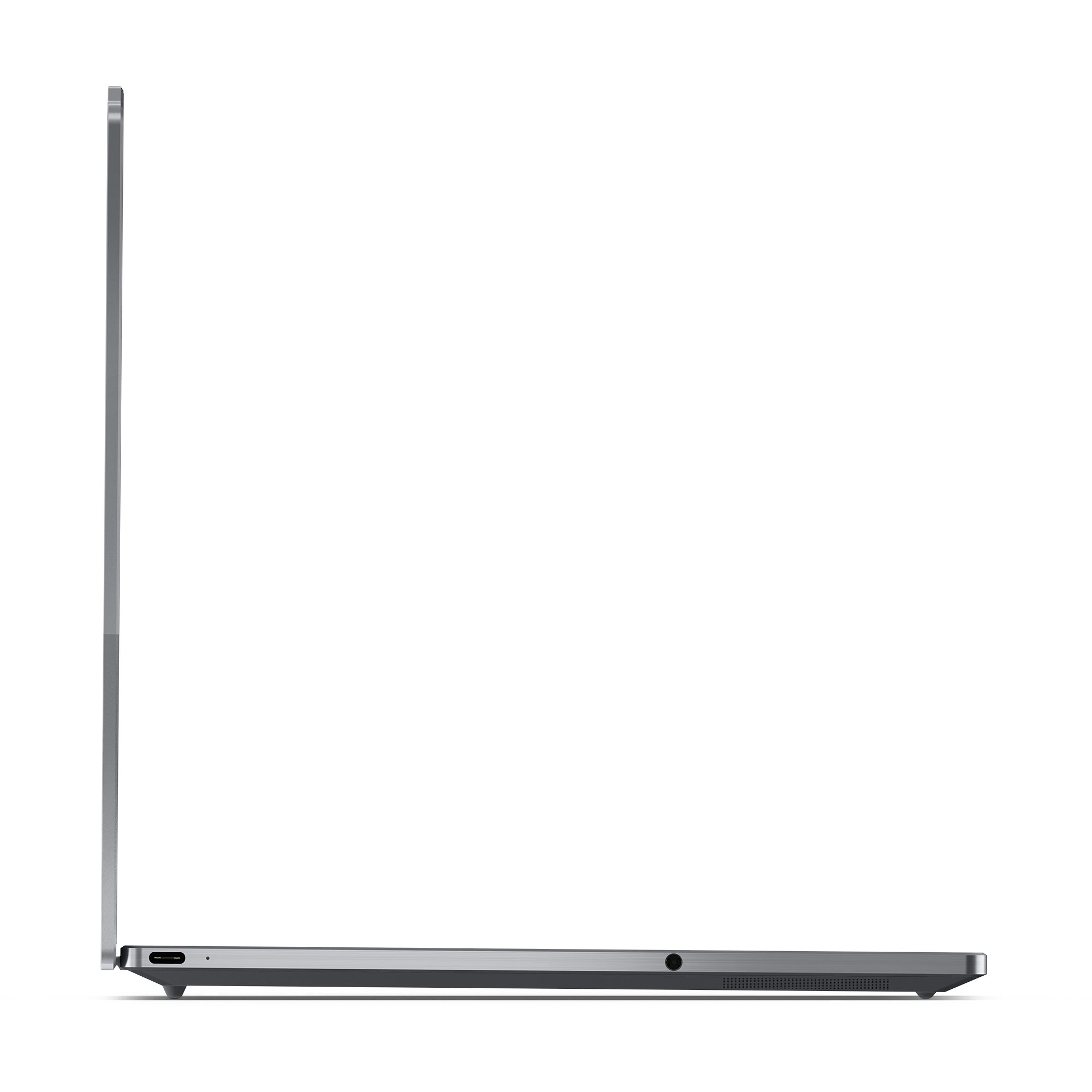 Seitenansicht eines silbernen Laptops, Profil auf weißem Hintergrund.