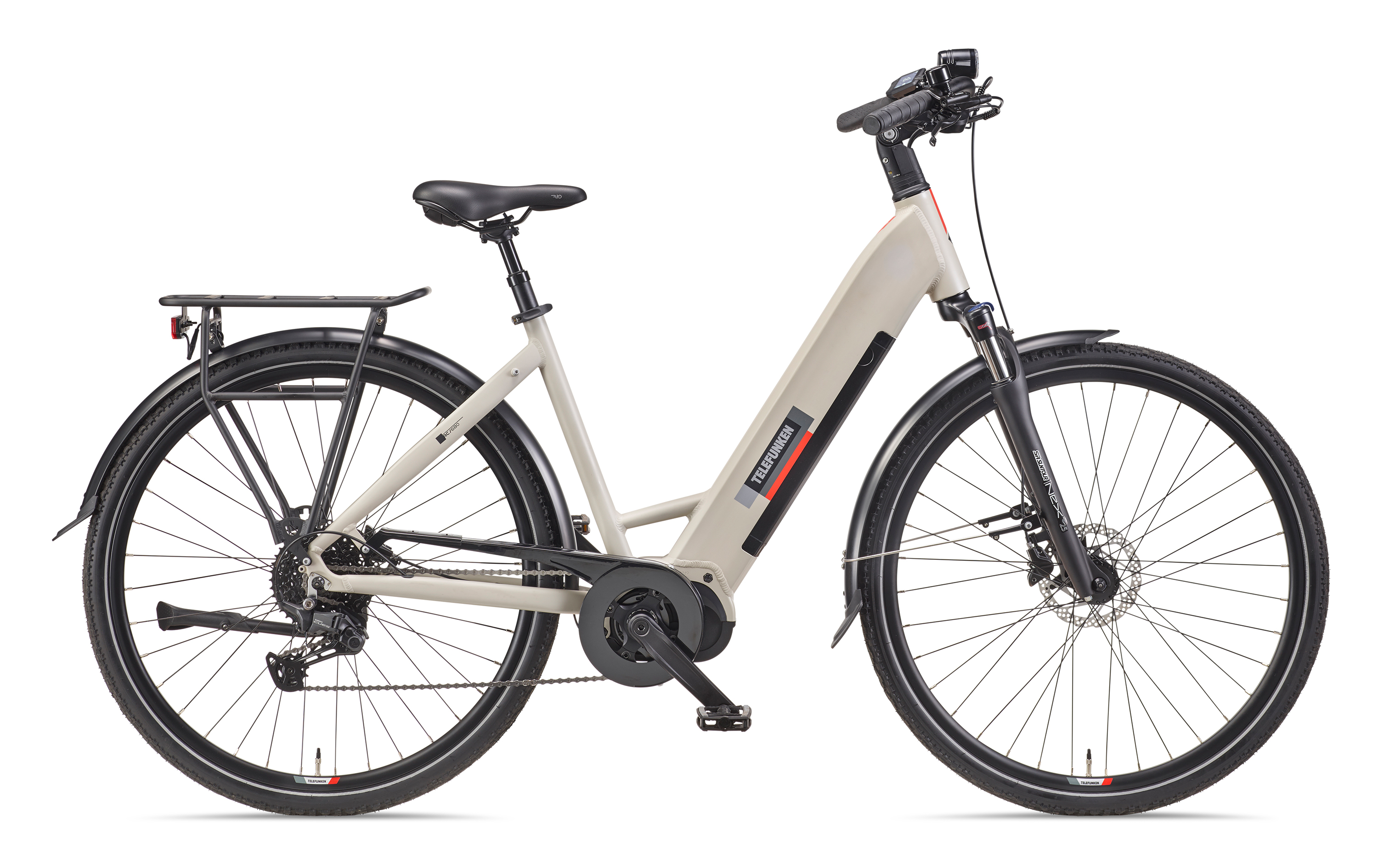 Beige E-Bike mit schwarzen Reifen, TELEFUNKEN-Logo auf dem Rahmen.