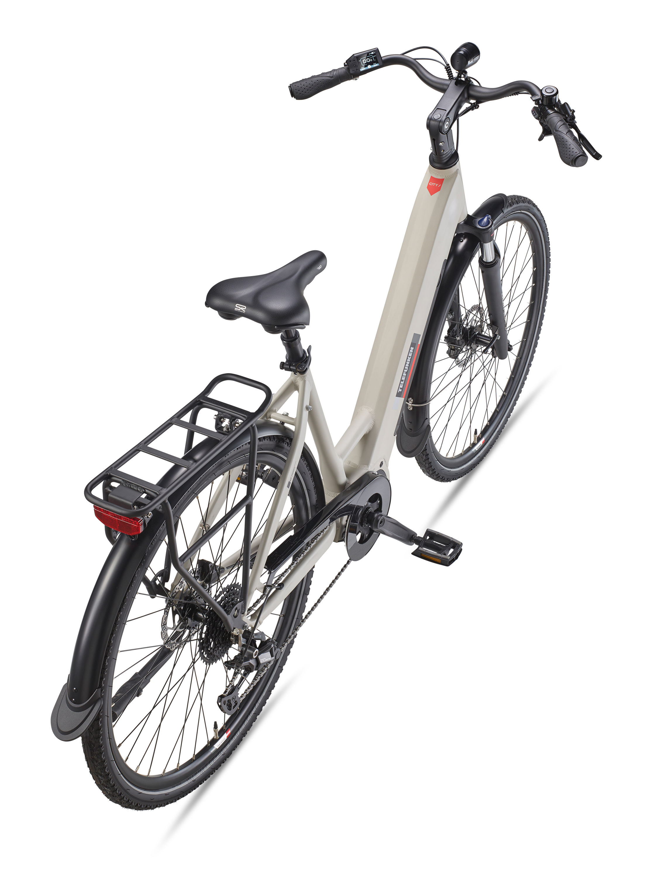 Draufsicht auf ein cremefarbenes E-Bike auf weißem Hintergrund, mit schwarzem Sattel.