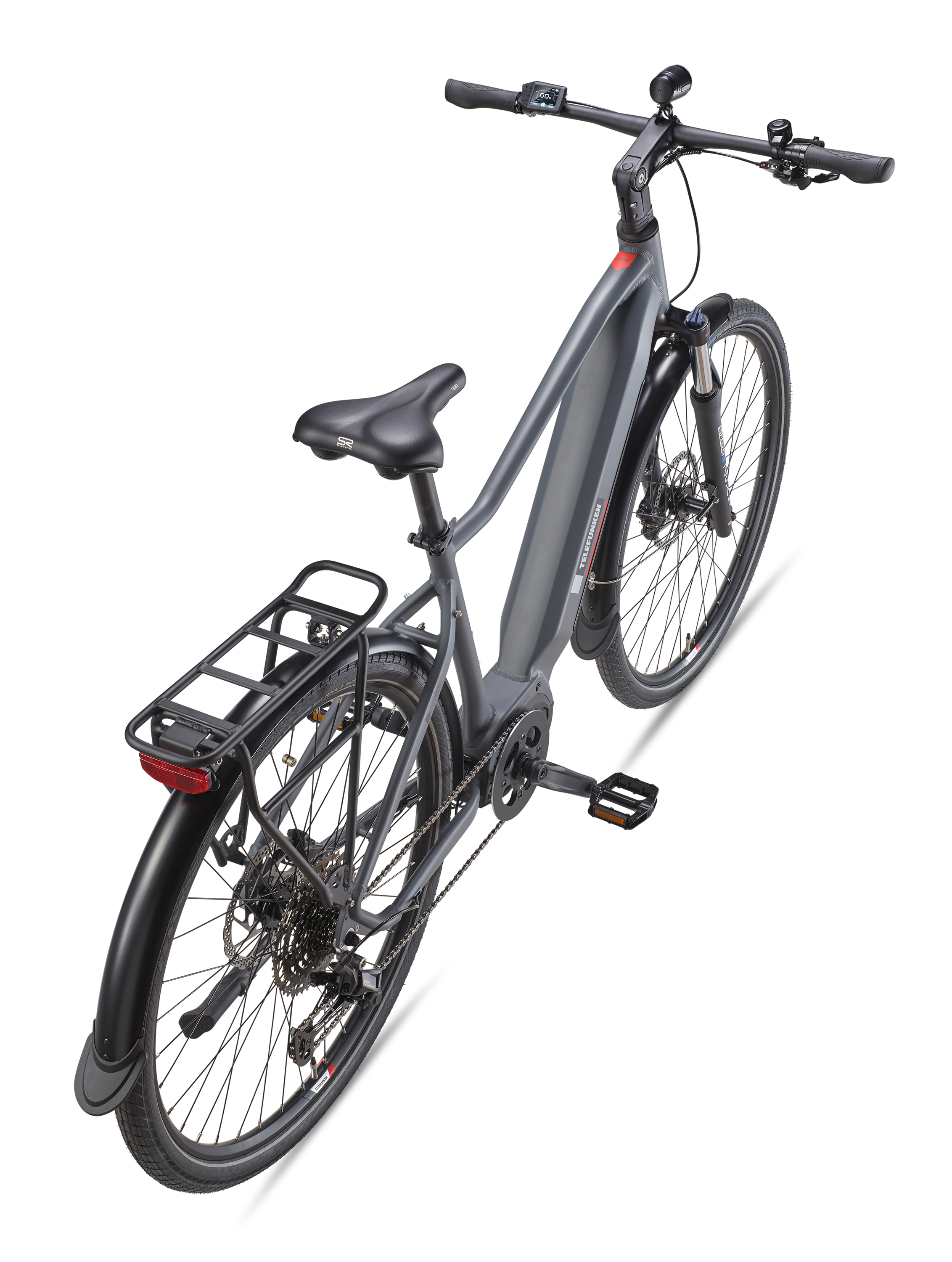 Graues Elektrofahrrad aus der Vogelperspektive. Merkmale sind ein schwarzer Sitz, Gepäckträger und Reifen.