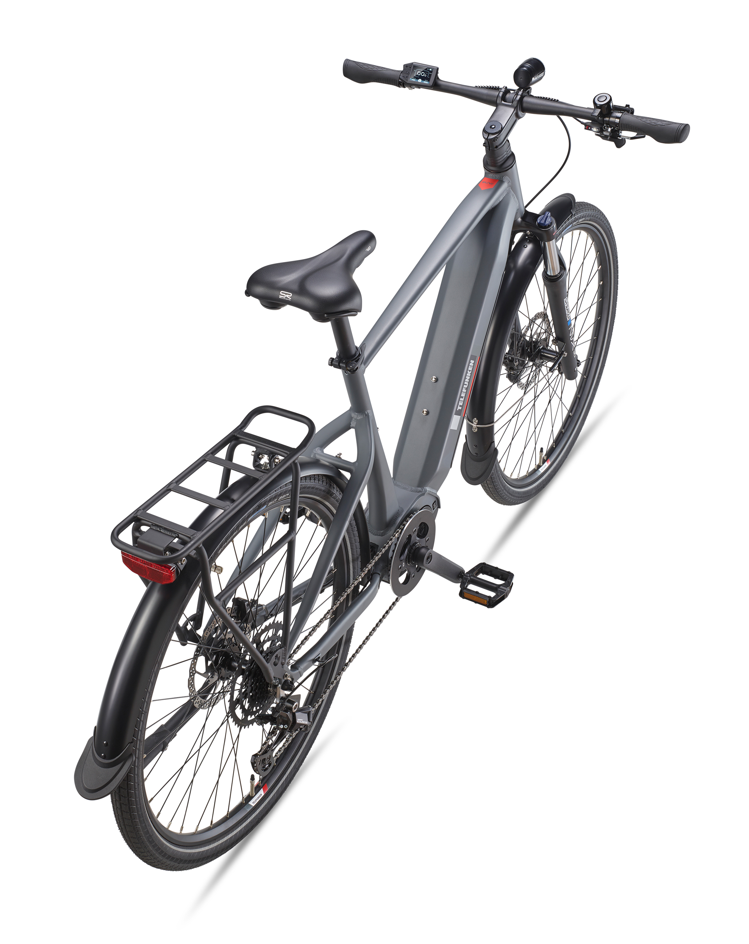 Graues Elektrofahrrad, von oben betrachtet, auf weißem Hintergrund.