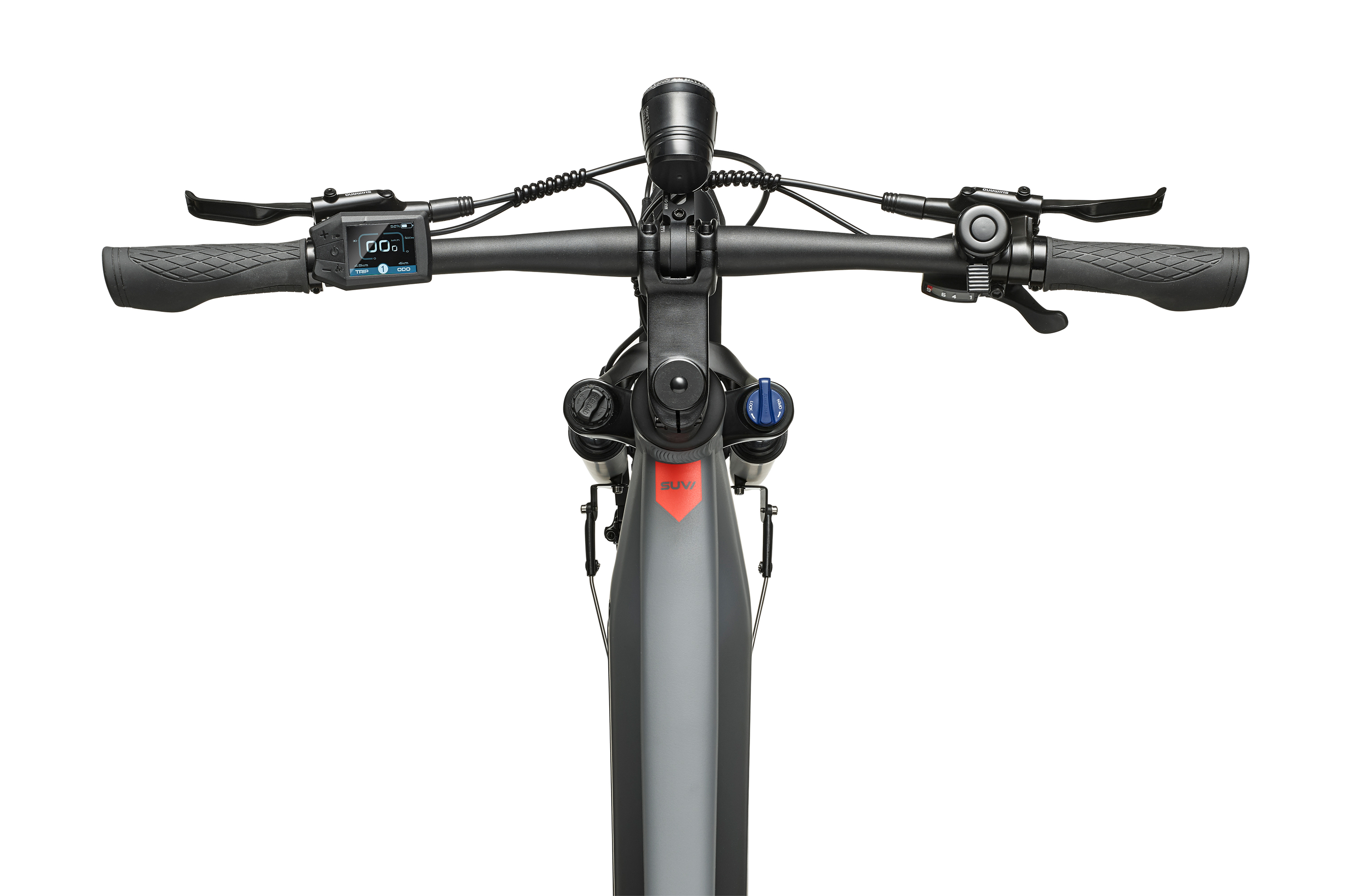Draufsicht auf einen Fahrradlenker mit Bedienelementen, einem Display und einem Licht.