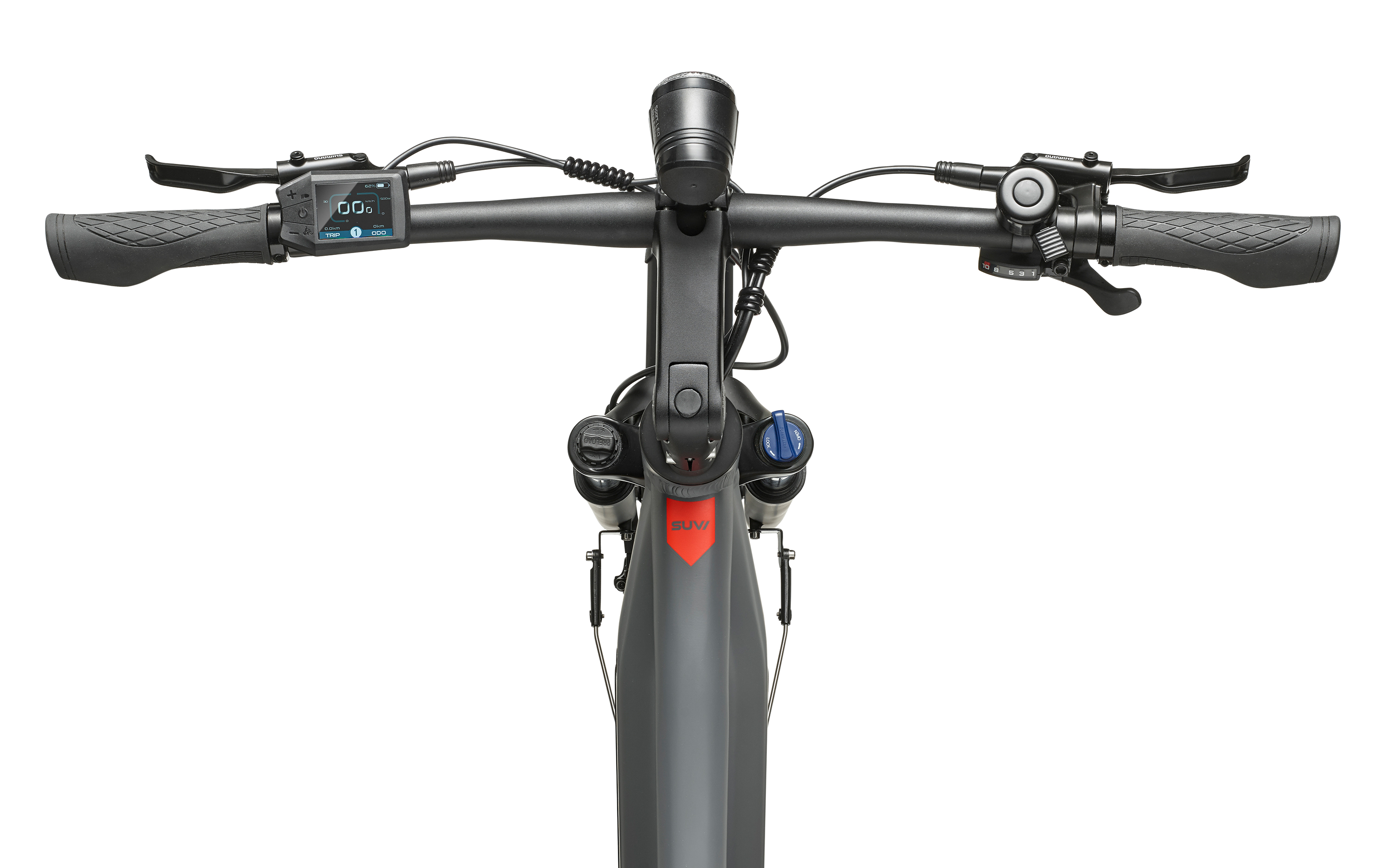 Draufsicht auf einen Fahrradlenker, schwarz mit grauen Akzenten.