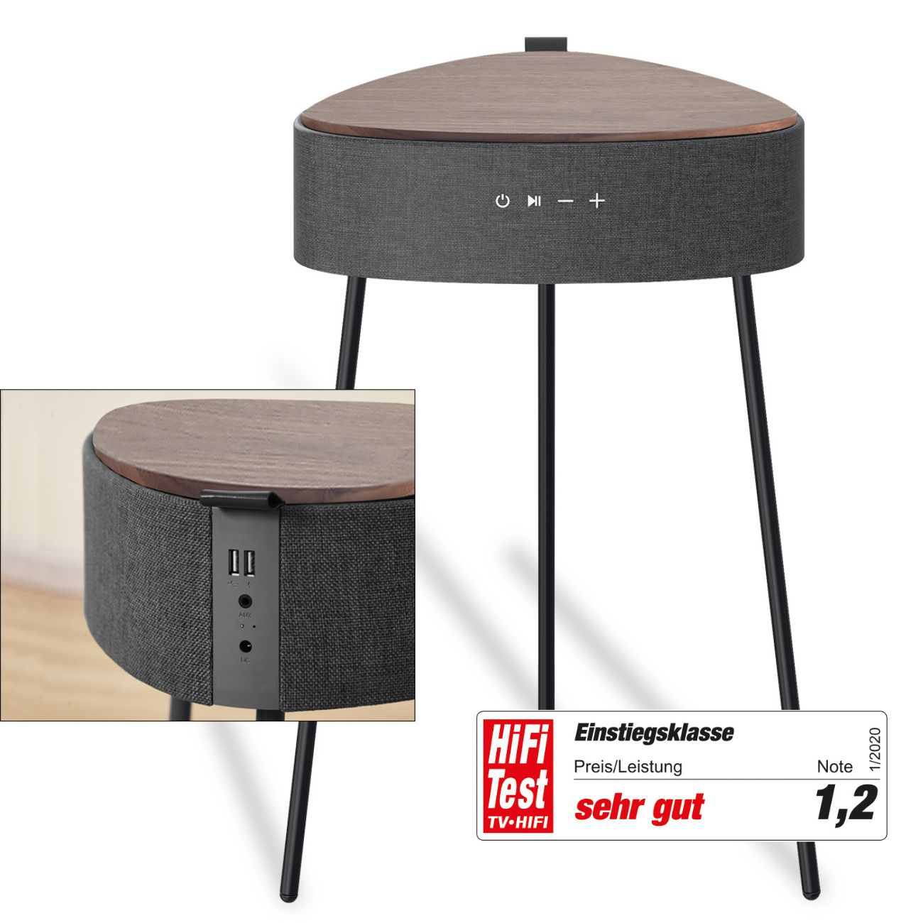 Dreieckiger Lautsprechertisch mit Holzplatte, schwarzen Beinen und inset Bild.