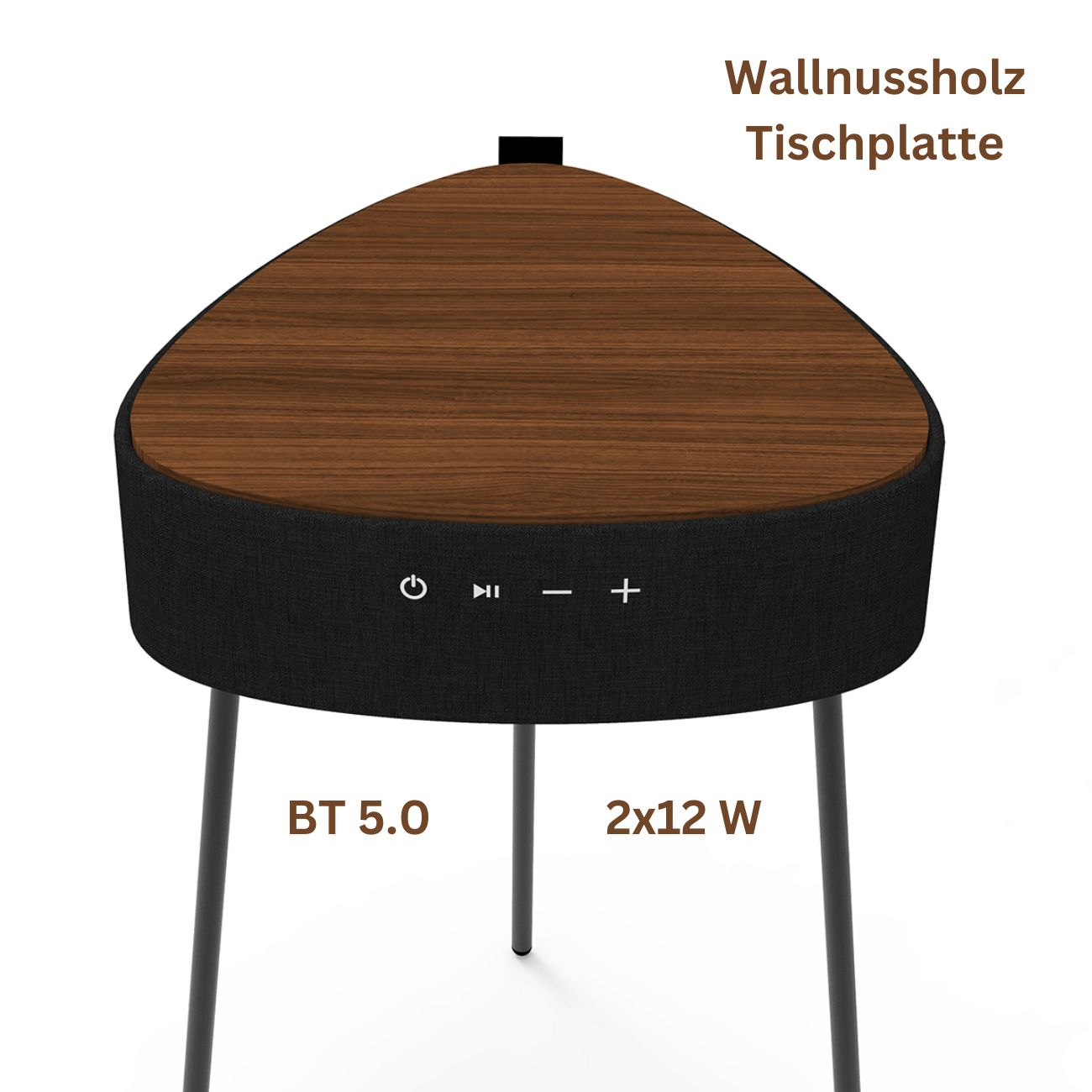 Ein dreieckiger Beistelltisch mit Holzplatte, schwarzen Stoffseiten und schwarzen Metallbeinen.