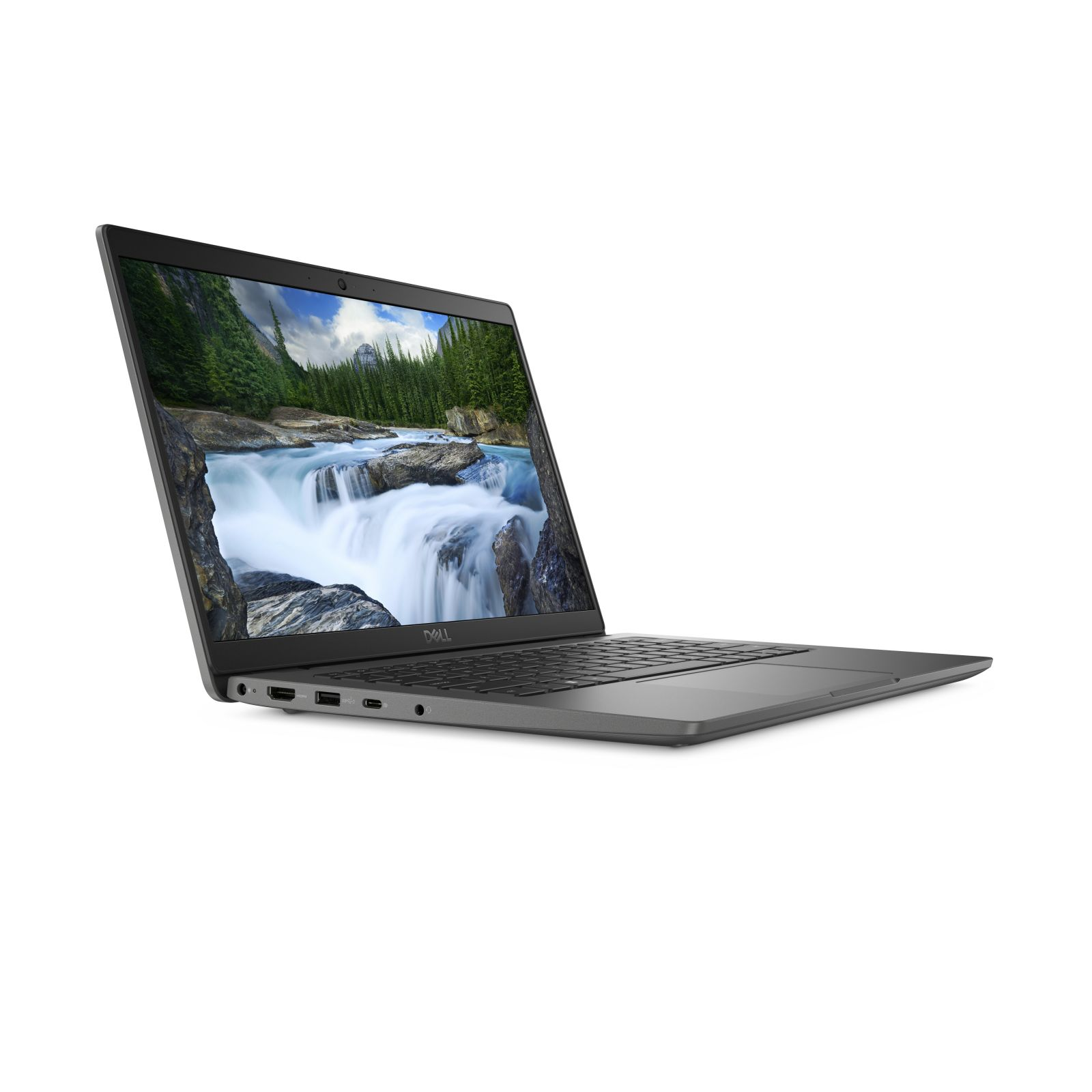 Ein grauer Laptop zeigt eine Wasserfallszene. Der Laptop ist angewinkelt, offen und vor weißem Hintergrund.