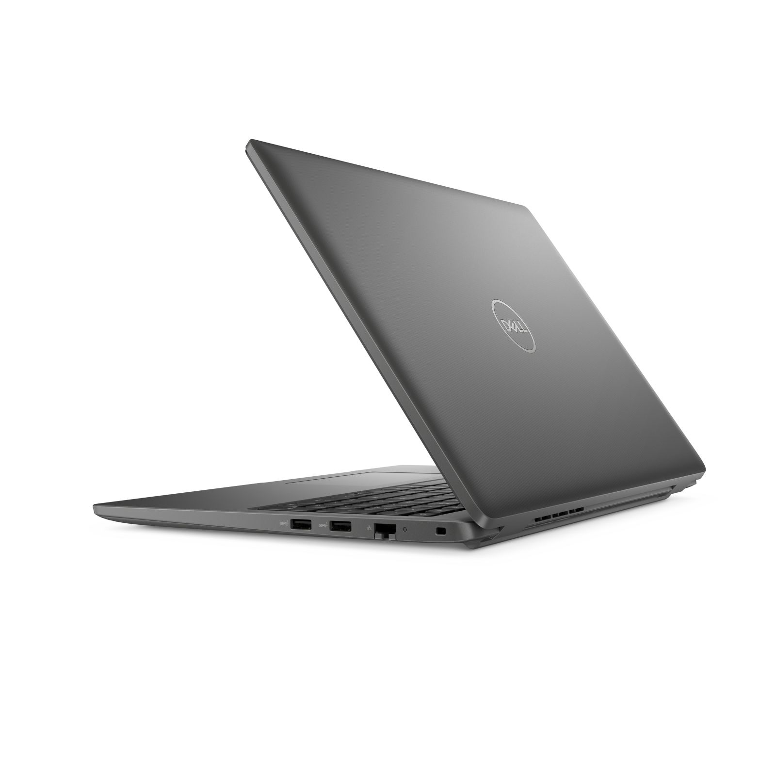 Szary laptop otwarty pod kątem, odsłaniający wnętrze z logo Dell z tyłu. Białe tło.