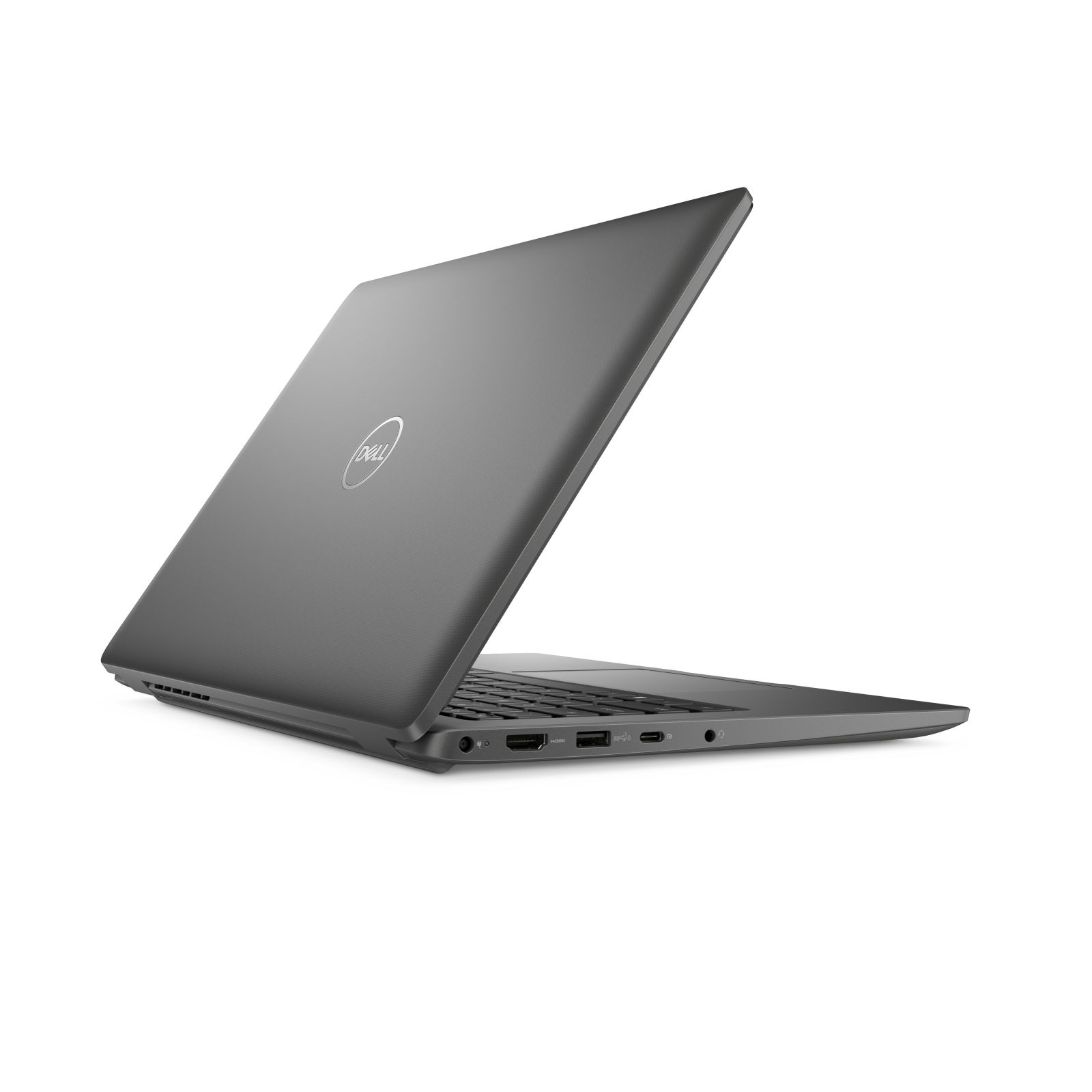 Szary laptop Dell otwarty na białym tle. Ekran uniesiony, widoczny logo Dell. Porty są widoczne z boku.
