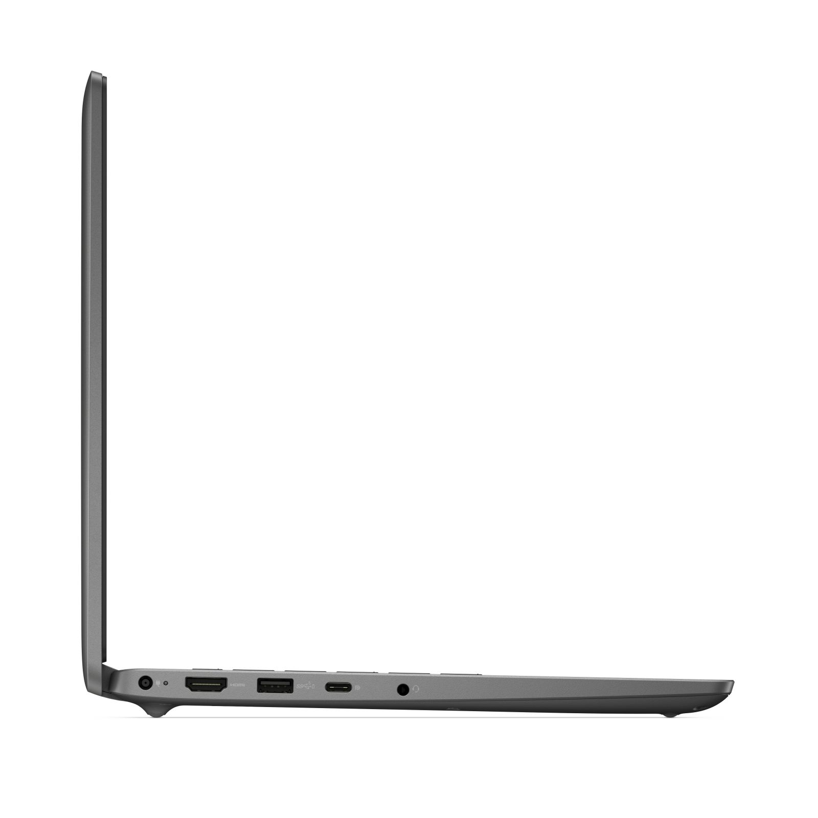 Widok z boku ciemnoszarego laptopa z widocznymi portami, na białym tle.