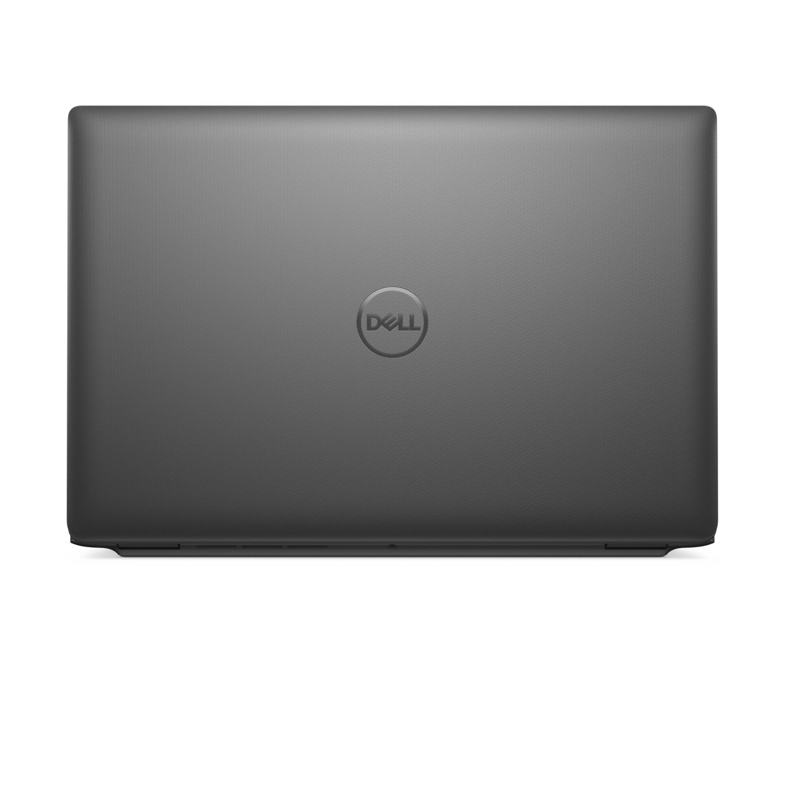 Zamknięty szary laptop Dell. Logo Dell jest wyśrodkowane na pokrywie.