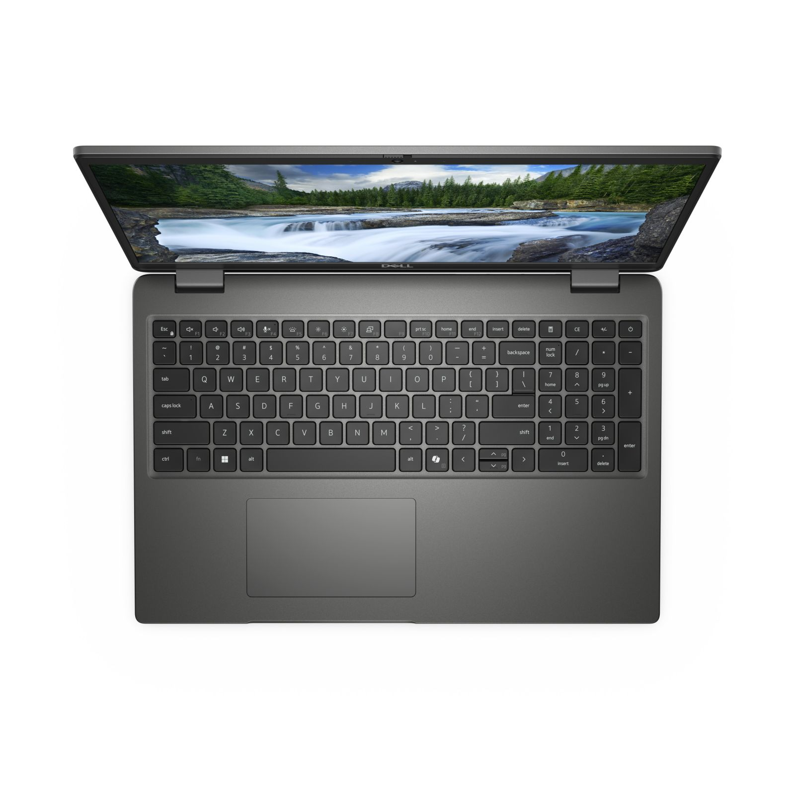Otwarty laptop, widok z góry, widoczna klawiatura, ekran z krajobrazem.