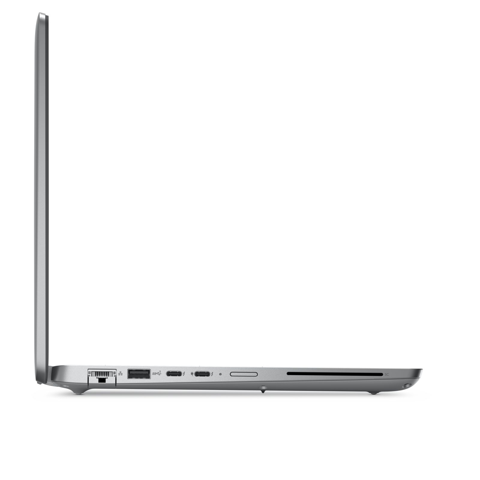 Seitenansicht eines silbernen Laptops. Anschlüsse sichtbar. Weißer Hintergrund.