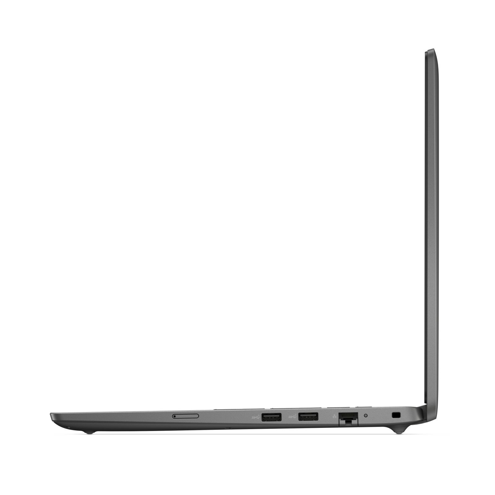 Widok z boku szarego laptopa. Ekran jest zamknięty. Widoczne są różne porty z boku. Tło jest białe.