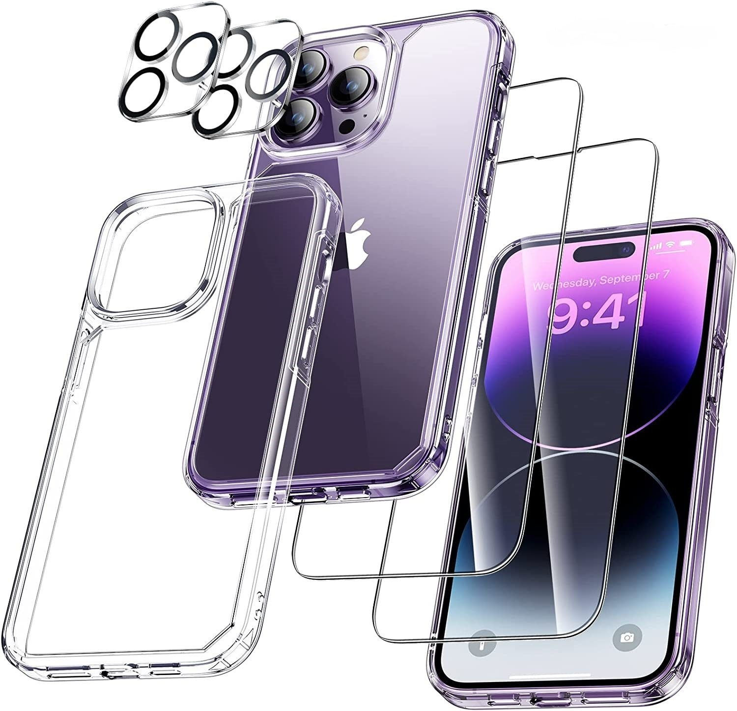 Durchsichtige lila iPhone-Hülle, Displayschutzfolie und Kameraschutz. iPhone mit Bildschirm, der die Uhrzeit anzeigt.