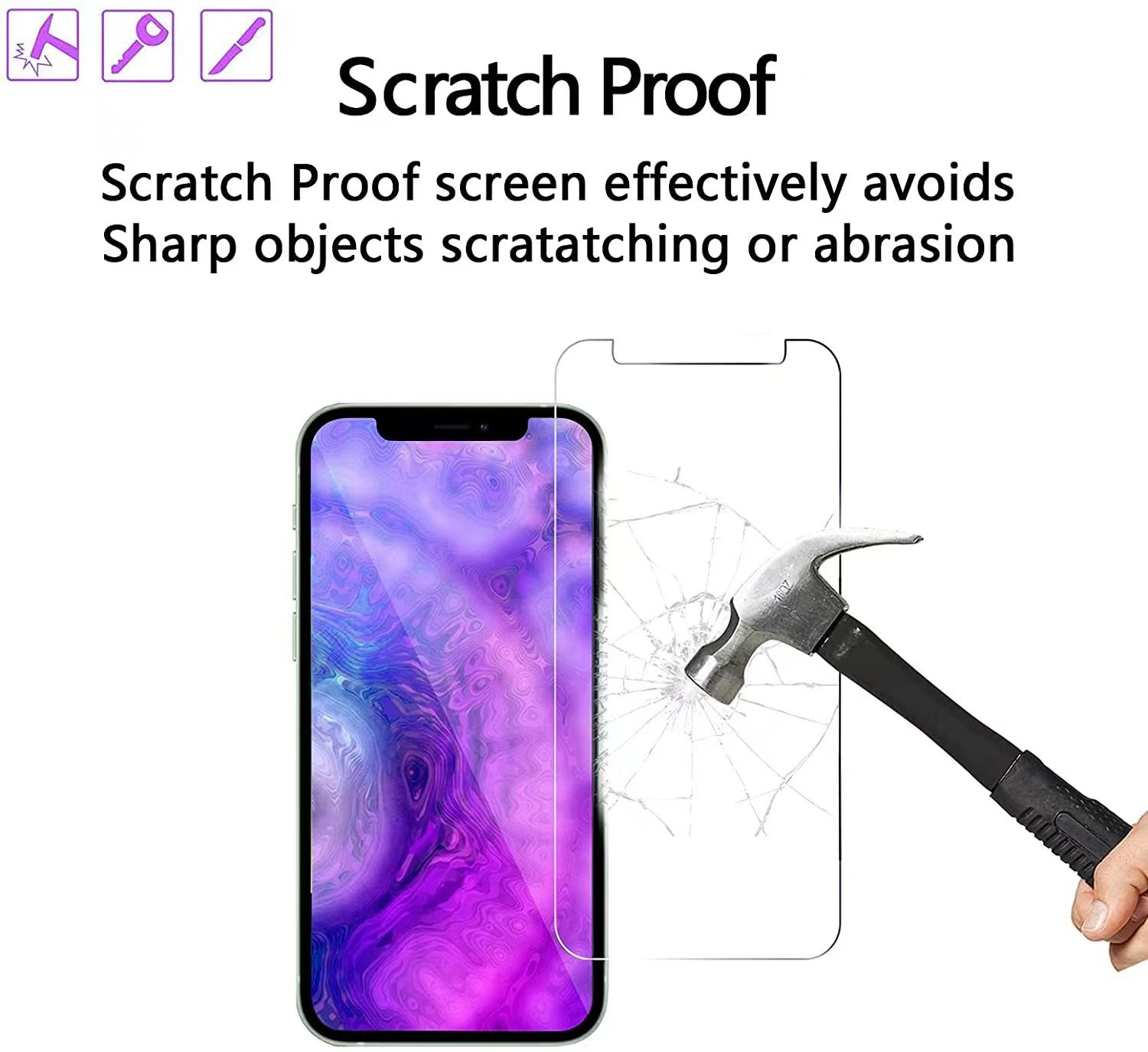 Telefondisplay mit Schutz. Ein Hammer wird neben dem zerbrochenen Displayschutz gehalten.