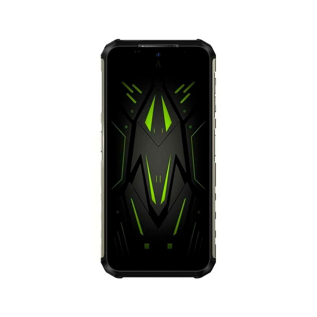 Czarny i zielony wytrzymały smartfon z wzorem z tyłu, pokazujący ekran.