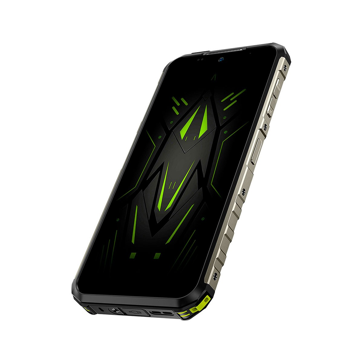 Widok z boku czarnego smartfona z zielonymi akcentami, srebrną ramką i czarnym ekranem.