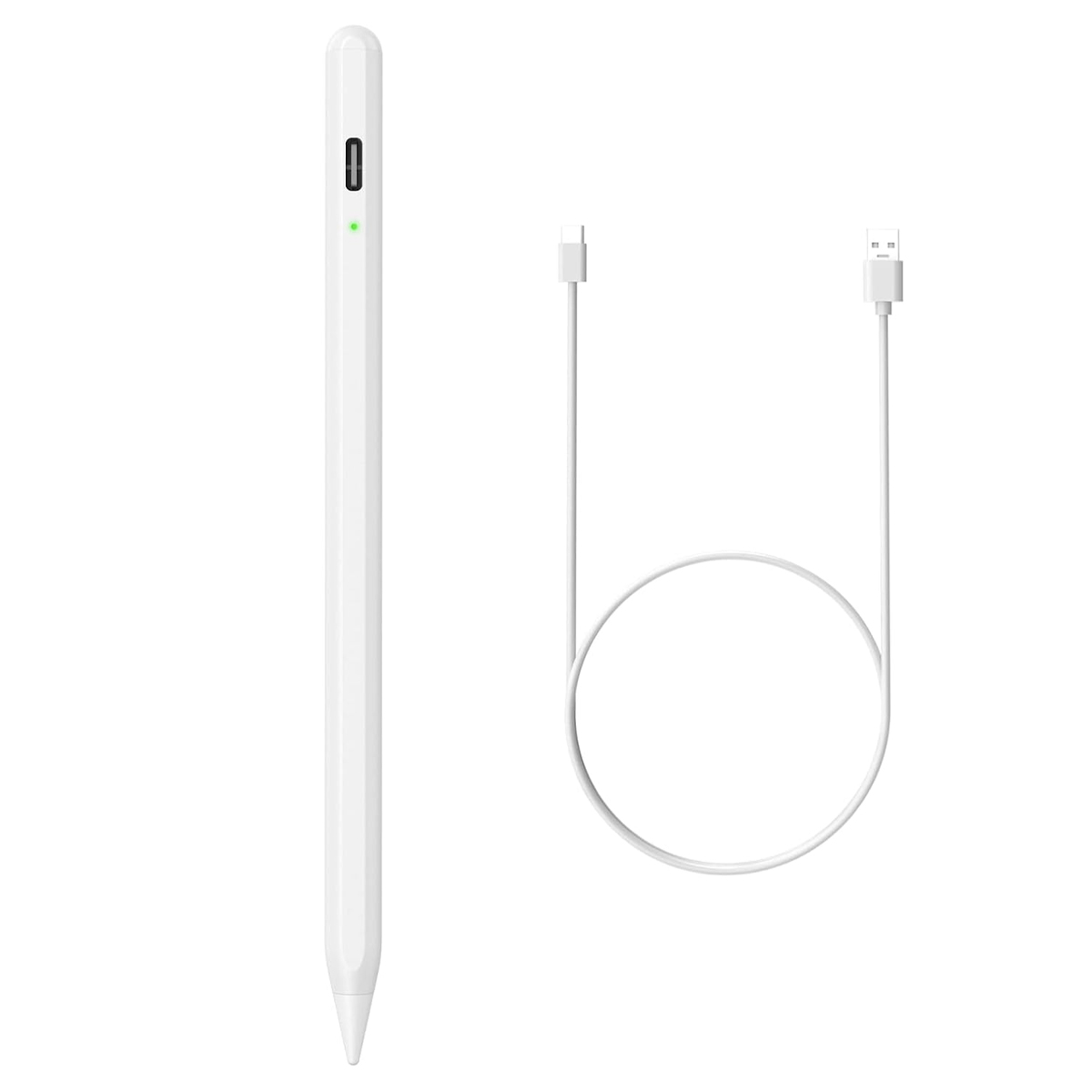 Weißer Stylus-Stift und Ladekabel auf weißem Hintergrund, minimalistische und saubere Präsentation.