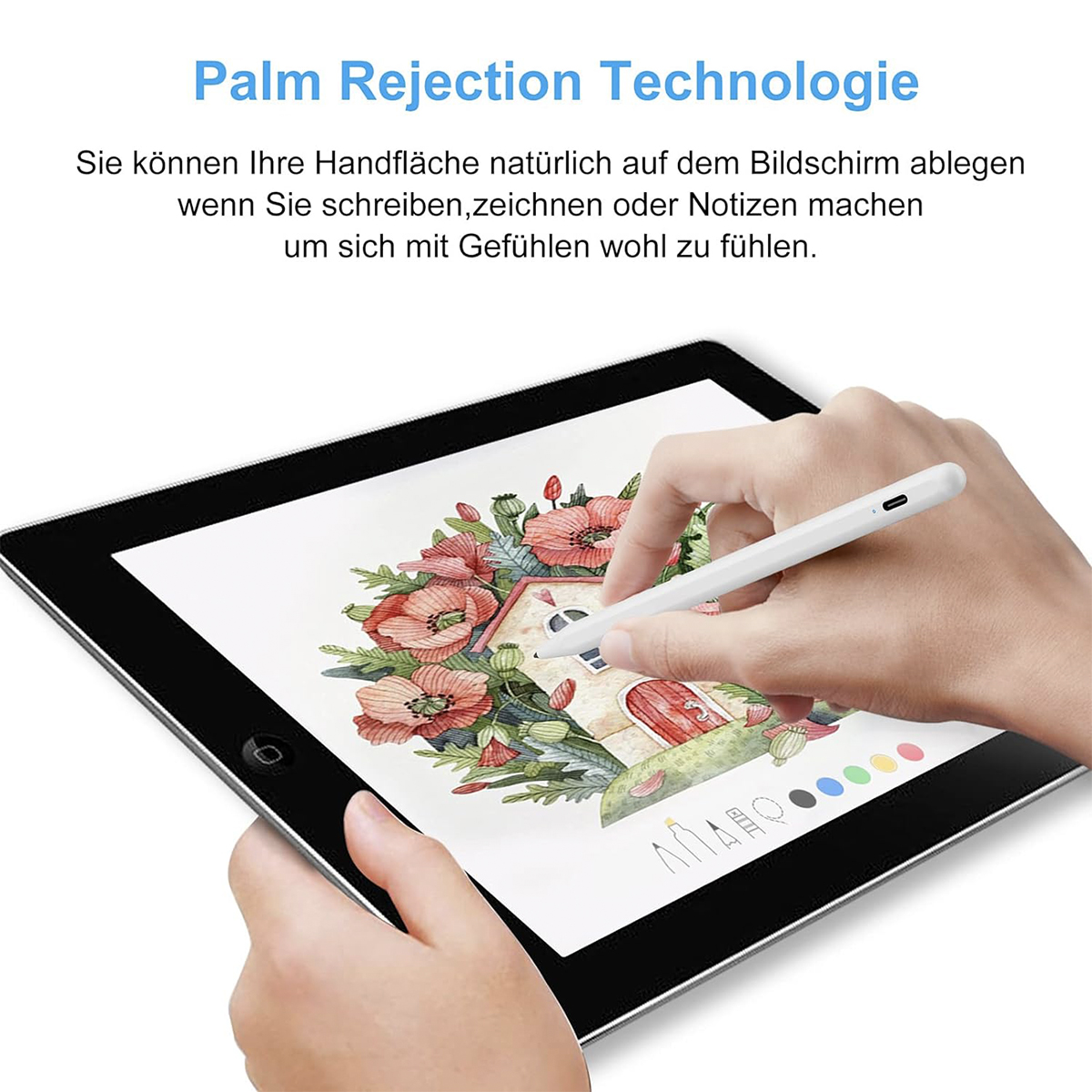 Eine Person, die einen Stift auf einem Tablet verwendet und Blumen auf ein Haus zeichnet.